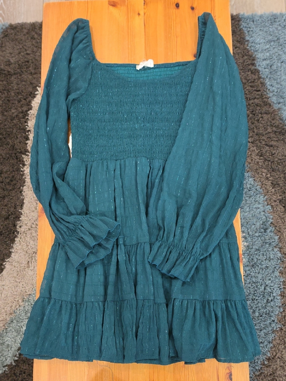Altar'd State Teal Green Long-Sleeve Smocked Tiered Dress